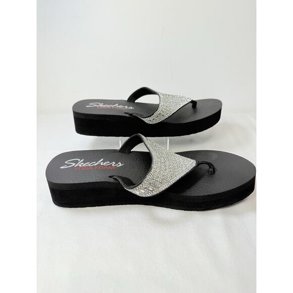 SKECHERS Yoga Foam Black & Silver Jeweled Rhinestone Flip Flop Sandals Size 10 - Picture 2 of 8